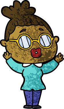 Bir insan tarafından çizilmiş gözlüklü bir karikatür kadın.