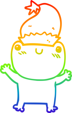 Gökkuşağı gradyan çizgisi. Bir insan tarafından çizilmiş Noel şapkası takan sevimli bir kurbağa çizimi.