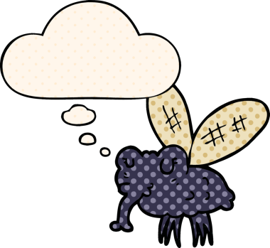 Çizgi roman tarzında bir insan tarafından çizilmiş düşünce baloncuğu olan çizgi film sineği.