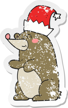 Bir insan tarafından çizilmiş noel şapkası giyen bir ayının gerilemiş çıkartması.