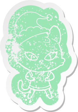 Bir insan tarafından çizilmiş Noel Baba şapkası takan bir kedinin hüzünlü çizgi filmi.