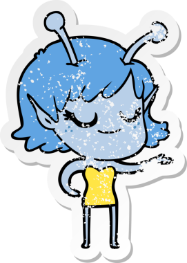 Bir insan tarafından çizilmiş gülümseyen uzaylı kız çizgi filminin sıkıntılı çıkartması.