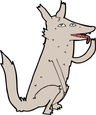 Bir insan tarafından çizilmiş pençeleri yalayan kurt çizgi filmi.