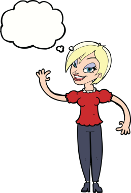 Bir insan tarafından çizilmiş düşünce baloncuğuyla el sallayan çizgi film kadını.