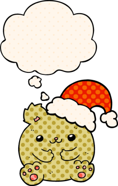 Bir insan tarafından çizilmiş çizgi roman tarzında düşünce baloncuğu olan şirin bir çizgi film noel ayısı.