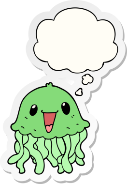 Düşünce baloncuklu çizgi film denizanası insan tarafından çizilmiş bir çıkartma.