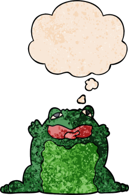 Bir insan tarafından çizilmiş grunge doku tarzında düşünce baloncuğu olan çizgi film karakurbağası.