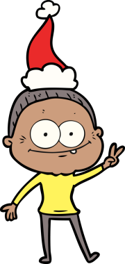 Bir insan tarafından çizilmiş Noel Baba şapkası giyen mutlu yaşlı bir kadının el çizimi.