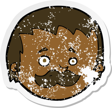 Bir insan tarafından çizilmiş bıyıklı bir karikatürcünün gerilemiş çıkartması.