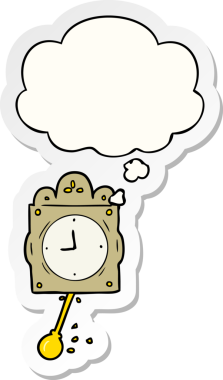 İnsan tarafından çizilmiş bir çıkartma olarak düşünce baloncuklu çizgi film tik-tak saati.