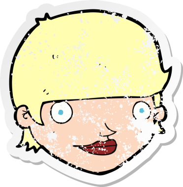 Bir insan tarafından çizilmiş mutlu kadın yüzü karikatürünün gerilimli retro yapıştırması