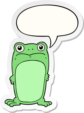 Bir insan tarafından çizilmiş konuşma balonu çıkartmalı kurbağa bakışlı çizgi film.