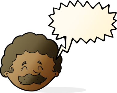 Bir insan tarafından çizilmiş konuşma balonlu bıyıklı bir çizgi film adamı.