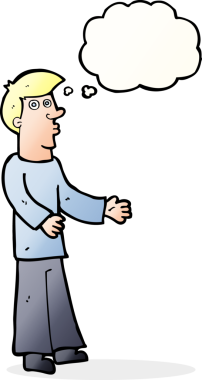 Bir insan tarafından çizilmiş düşünce baloncuğu olan meraklı bir adam.