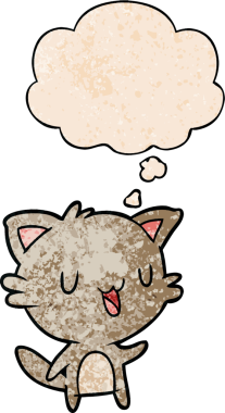 Düşünce baloncuklu çizgi film mutlu kedi bir insan tarafından çizilmiş grunge doku tarzı