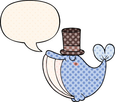 Çizgi roman tarzında konuşan silindir şapkalı balina bir insan tarafından çizilmiş.