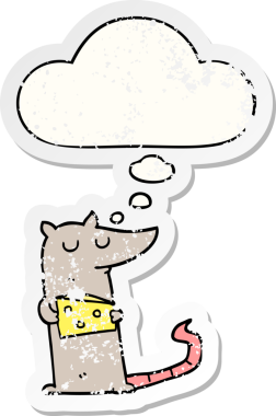 Düşünce balonlu peynirli çizgi film faresi insan tarafından çizilmiş yıpranmış bir çıkartma.