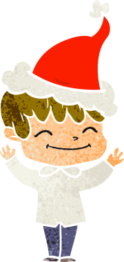 Bir insan tarafından çizilmiş Noel Baba şapkası giyen mutlu bir çocuğun el çizimi karikatürü.