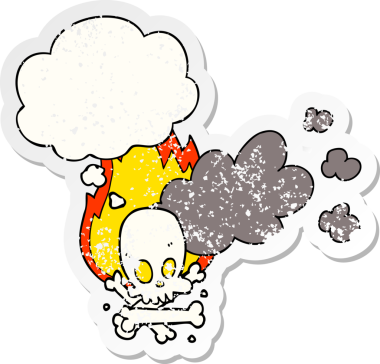 İnsan tarafından çizilmiş yıpranmış bir çıkartma gibi, düşünce balonuyla yanan kemikler.