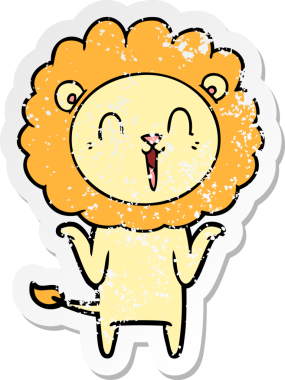 Bir insan tarafından çizilmiş omuzlarını silken gülen bir aslan çizgi filminin sıkıntılı çıkartması.