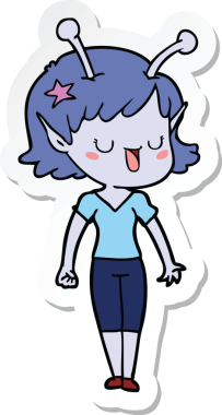 Bir insan tarafından çizilmiş mutlu uzaylı kız çizgi filminin çıkartması.