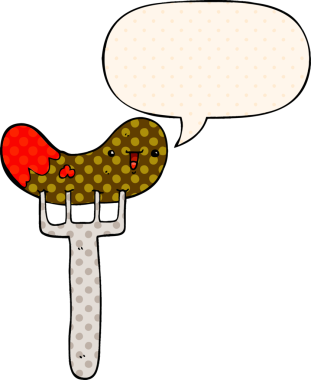 Çizgi roman tarzında konuşan bir insan tarafından çizilmiş sosis ve çatal.