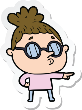 Bir insan tarafından çizilmiş gözlüklü bir karikatür kadının çıkartması.