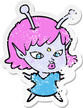 Bir insan tarafından çizilmiş güzel uzaylı bir kızın sıkıntılı çıkartması.