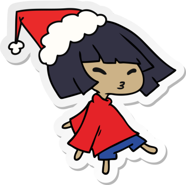 Bir insan tarafından çizilmiş Kawai kızının el çizimi Noel çıkartması.