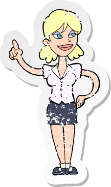 Bir insan tarafından çizilmiş harika bir fikri olan karikatür bir kadının gerilimli retro yapıştırması.