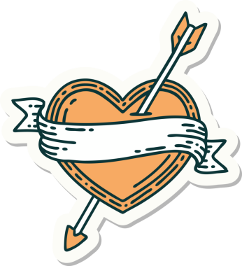 Bir insan tarafından çizilmiş ok kalp ve pankartın geleneksel stiliyle dövme çıkartması.