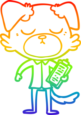 Gökkuşağı gradyan çizgisi. Bir insan tarafından çizilmiş ofis tişörtü giyen sevimli bir köpeğin çizimi.