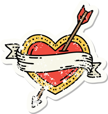 Bir insan tarafından çizilmiş ok kalp ve pankartın geleneksel stiliyle dövmesi var.