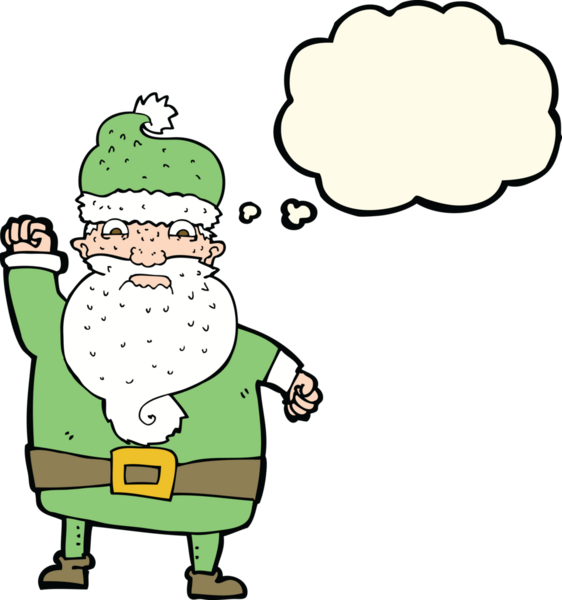 Bir insan tarafından çizilmiş düşünce baloncuklu kızgın Noel Baba çizgi filmi.