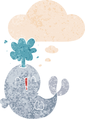 Karikatür balinası su püskürtür grunge 'da düşünce baloncuğu ile sıkıntılı retro dokuma tarzı bir insan tarafından çizilir