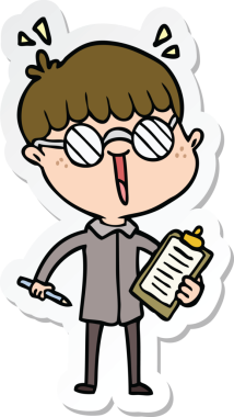 Bir insan tarafından çizilmiş gözlüklü bir çizgi film çocuğunun çıkartması.