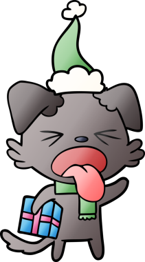 Bir insan tarafından çizilmiş Noel Baba şapkası giymiş tiksinmiş bir köpeğin el çizimi karikatürü.