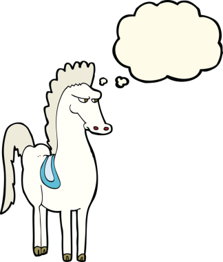 Bir insan tarafından çizilmiş düşünce baloncuklu çizgi film atı.