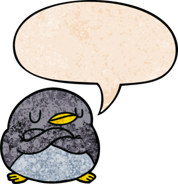 Çizgi film pengueninin kolları çapraz konuşma baloncuğu ile retro doku şeklinde bir insan tarafından çizilmiş.