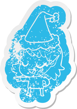 Mutlu karikatür, insan tarafından çizilmiş Noel Baba şapkası giymiş elf bir kızın hüzünlü çıkartması.