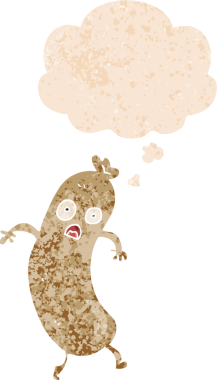 Düşünce baloncuklu çizgi film sosisi grunge sıkıntılı retro dokuma tarzı bir insan tarafından çizilmiş