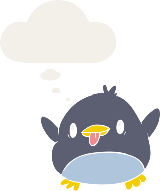 Bir insan tarafından çizilmiş düşünce baloncuğu olan sevimli penguen çizgi filmi.