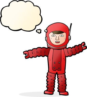 Bir insan tarafından çizilmiş düşünce baloncuklu astronot.