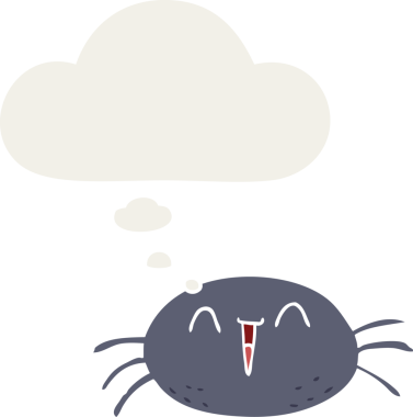 Düşünce baloncuklu çizgi film örümceği insan tarafından çizilmiş.