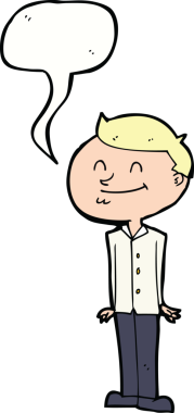 Bir insan tarafından çizilmiş konuşma balonlu gülümseyen adam.