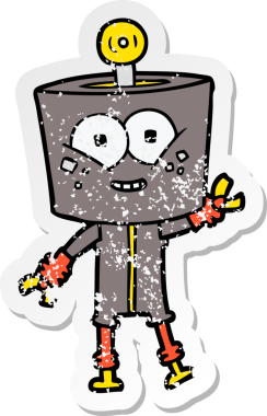 Bir insan tarafından çizilmiş mutlu çizgi film robotunun sıkıntılı çıkartması.