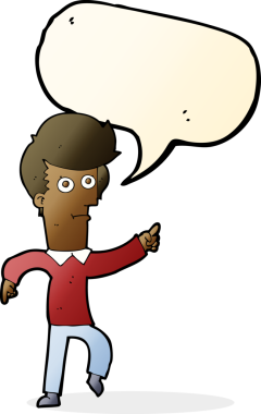 Bir insan tarafından çizilmiş bir konuşma balonuyla işaret eden çizgi film adamı.