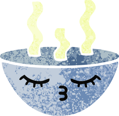 Bir insan tarafından çizilmiş sıcak bir çorba kasesinin retro çizim tarzı karikatürü.