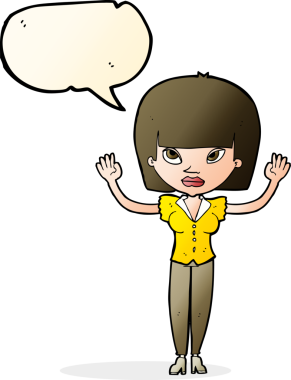 Bir insan tarafından çizilmiş konuşma baloncuğu olan ellerini kaldırmış çizgi film kadını.