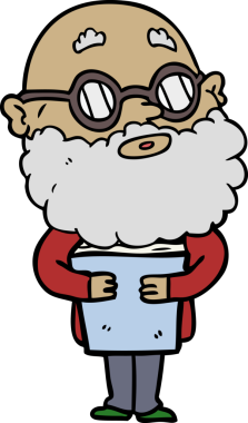 Bir insan tarafından çizilmiş sakallı ve gözlüklü meraklı bir adam.